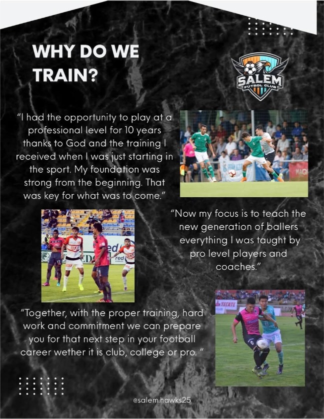 Salem Hawks FC training philosophy graphic with Coach Carlos in action